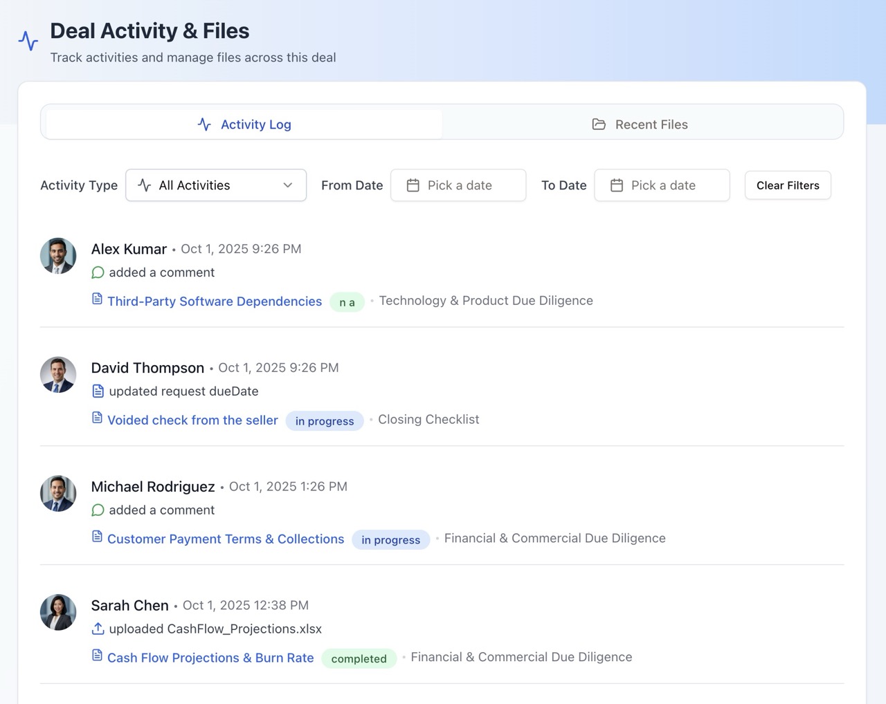 Deal activity log and tracking interface