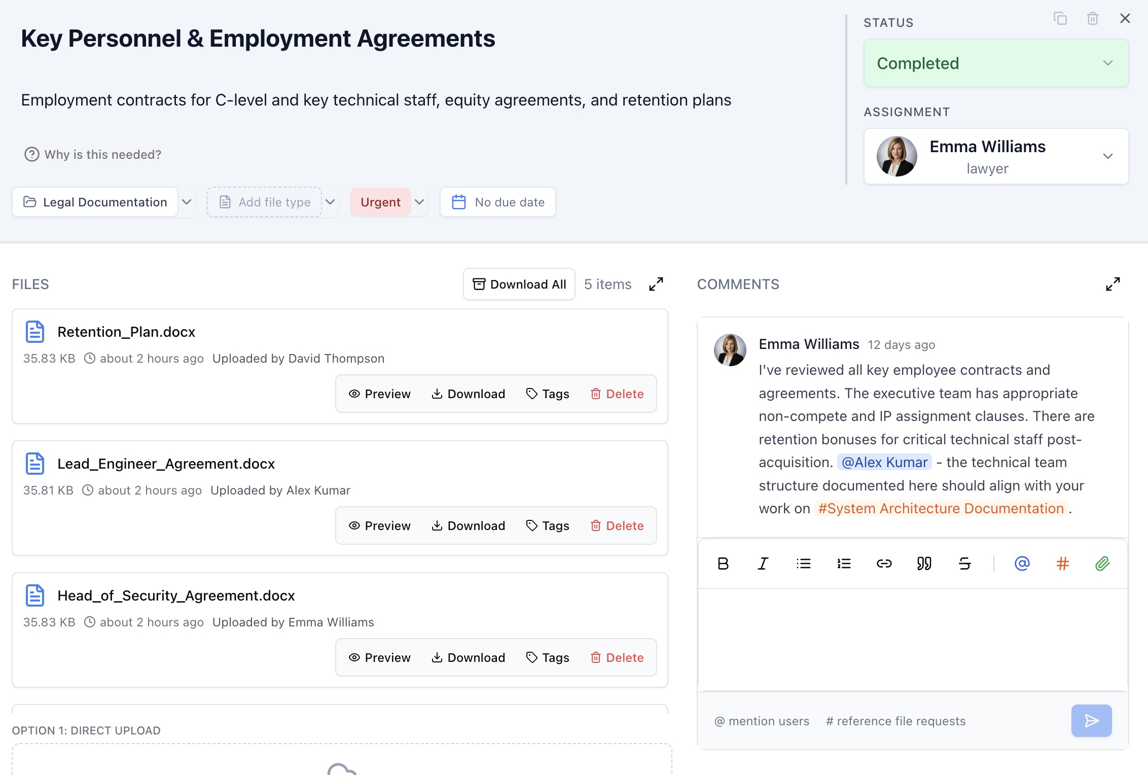 File request detail view with comments